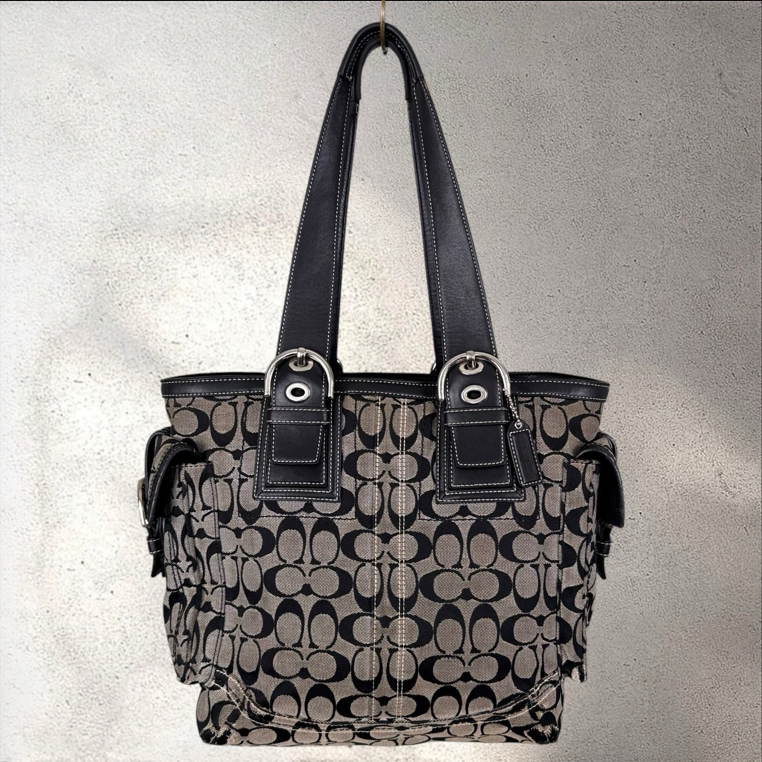 Coach Soho Signature Tote Bag Gray Black C Jacquard Canvas Leather Trim 10079